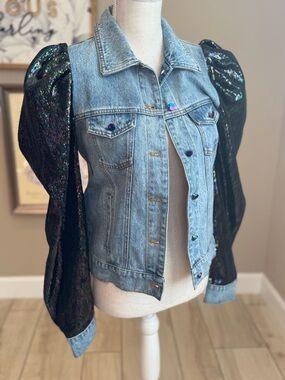 New! QUEEN OF SPARKLES Denim Jacket with Black Sequin Puff Sleeves